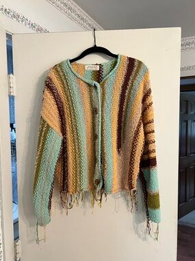 Free People Striped Hand-Knit Cropped Cardigan in Mint, Mustard & Brown